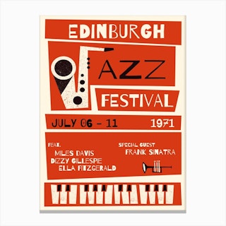 Edinburgh Jazz Poster, Vintage Jazz Print, Mid Century Modern, Miles Davis, Ella Fitzgerald, Jazz Festival, Retro Kitchen Wall Art Print Canvas Print