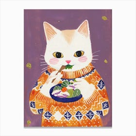 Cute White Tan Cat Eating Salad Folk Illustration 1 Canvas Print