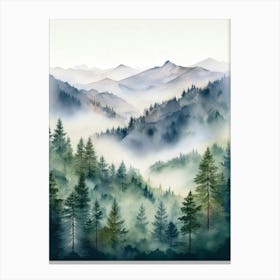 Appalachian Mountains of Misty Pines, Watercolor Print of Evergreen Forest 5 3 Canvas Print