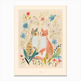 Folksy Floral Animal Drawing Cat 6 Poster Canvas Print