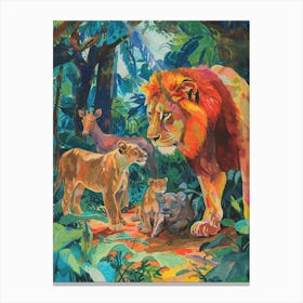 Asiatic Lion Interaction With Other Wildlife Fauvist Painting 2 Canvas Print