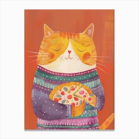 Orange Cat Pizza Lover Folk Illustration 1 Canvas Print