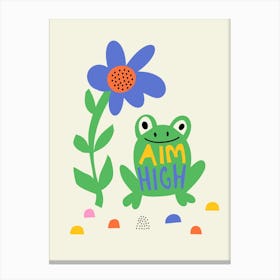 Playful Meadow Aim High Frog and Flower Illustration Kids Canvas Print