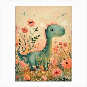 Cute Dinosaur In A Meadow Storybook Painting 2 Canvas Print