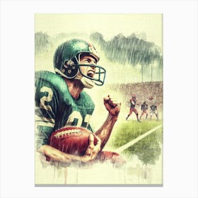 American Football Player In The Rain Watercolor Canvas Print