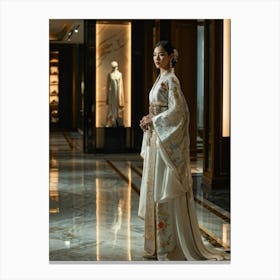 Asian Woman Stands Poised In A Luxurious Fashion Ensemble Contrasting Traditional Elements With Hig (7) Canvas Print