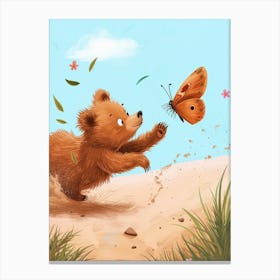 Brown Bear Cub Chasing After A Butterfly Storybook Illustration 3 Canvas Print