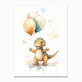 Baby Dinosaur (T Rex) Flying With Ballons, Watercolour Nursery Art 4 Canvas Print