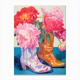 Oil Painting Of Hydrangea Flowers And Cowboy Boots, Oil Style 1 Canvas Print