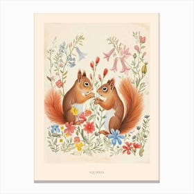 Folksy Floral Animal Drawing Squirrel Poster Canvas Print