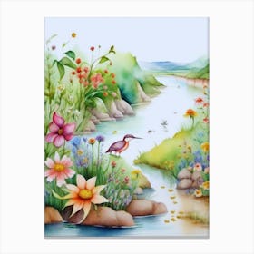 Watercolor Of Flowers And Birds Canvas Print