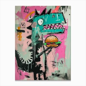 Dinosaur Eating A Hamburger Pink Blue Graffiti Style 3 Canvas Print