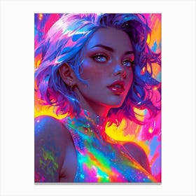 Blonde anime girl with translucent beauty — her eyes shimmering in neon hues, embodying the essence of sexy cyberpunk allure. Canvas Print