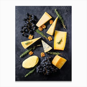 Cheese, walnuts and grapes — Food kitchen poster/blackboard, photo art Canvas Print