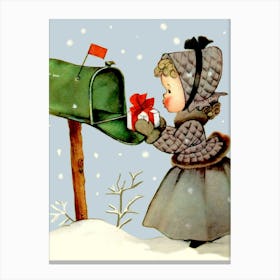 Little Girl Is Dropping A Holiday Present On Mailbox Canvas Print