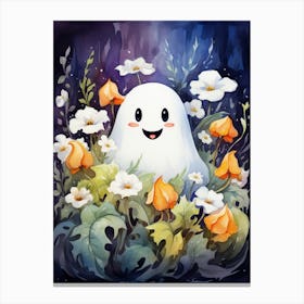 Cute Bedsheet Ghost, Botanical Halloween Watercolour 66 Canvas Print