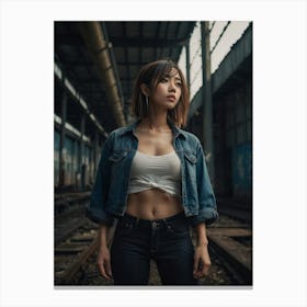 Asian Girl In Denim Jacket Canvas Print