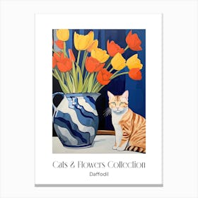 Cats & Flowers Collection Daffodil Flower Vase And A Cat, A Painting In The Style Of Matisse 0 Canvas Print