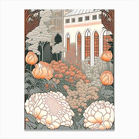 Courtyard With Peonies Orange And Pink 3 Drawing Canvas Print