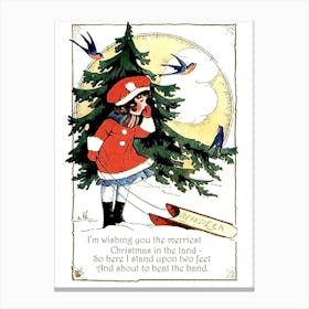 Little Girl With Sled And Christmas Quotes Canvas Print