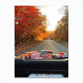 A Car Journey Through A Stunningly Beautiful Autumn Panorama Windows Gently Glowing With The Soft (1) Canvas Print