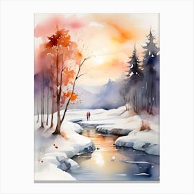 Winter Landscape Watercolor Painting. 1 Canvas Print