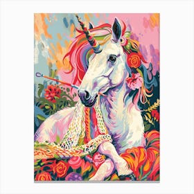Unicorn Knitting Floral Painting Canvas Print