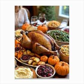 An Inviting Traditional Thanksgiving Feast Is Spread Out Highlighting A Tenderly Roasted Turkey Wit (6) Canvas Print