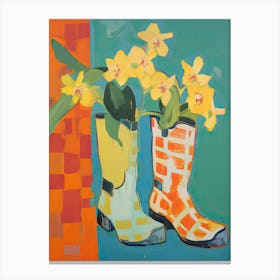 Painting Of Yellow Flowers And Cowboy Boots, Oil Style  2 Canvas Print