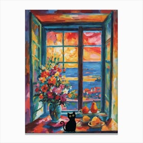 Matisse Style Open Window With Black Cat Added Colorful Vibrant Painting in HD Canvas Print