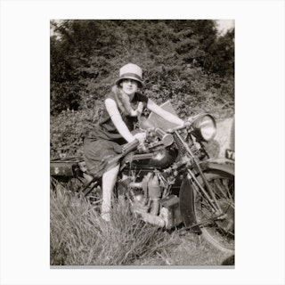 Young Lady On A Coventry Eagle Motorbike 1920s Black & White Canvas Print