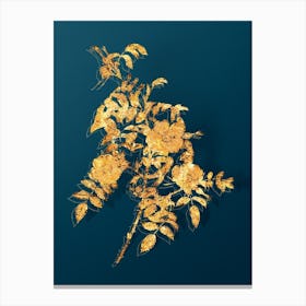 Vintage Reddish Rosebush Botanical in Gold on Teal Blue Canvas Print