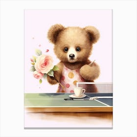 Table Tennis Teddy Bear Painting Watercolour 2 Canvas Print