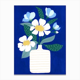 Scandi Flower Vase White Daisies Blue Background Painting Canvas Print