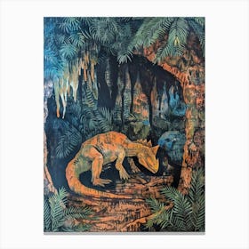 Dinosaur In A Cave With Leaves Painting Canvas Print