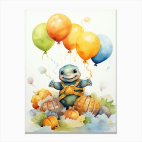 Turtle Flying With Autumn Fall Pumpkins And Balloons Watercolour Nursery 3 Canvas Print