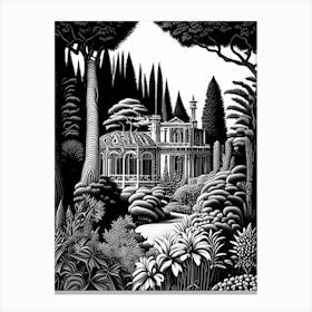Villa Cimbrone Gardens, 1, Italy Linocut Black And White Vintage Canvas Print