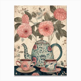 Watercolour Floral Teapot & Cups 2 Canvas Print