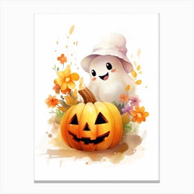 Cute Ghost With Pumpkins Halloween Watercolour 135 Canvas Print