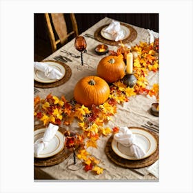 Autumn Themed Dinner Table Centerpiece Of Intertwined Golden Orange Pumpkin Vines Scattered Leaves (6) Canvas Print