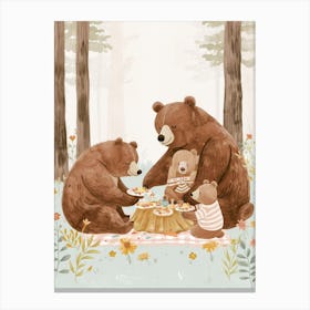 Brown Bear Family Picnicking In The Woods Storybook Illustration 3 Canvas Print