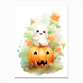 Cute Ghost With Pumpkins Halloween Watercolour 4 Canvas Print