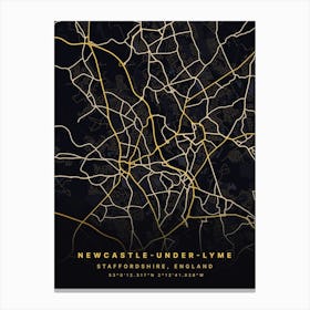 Newcastle Under Lyme Black And Gold Map Canvas Print