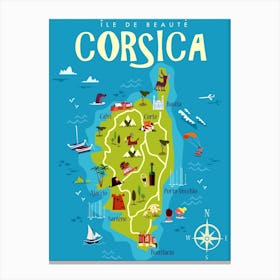 Corsica Map Poster Green & Blue Canvas Print