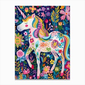 Folky Floral Colourful Unicorn Portrait Canvas Print