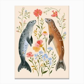 Folksy Floral Animal Drawing Harp Seal 2 Canvas Print