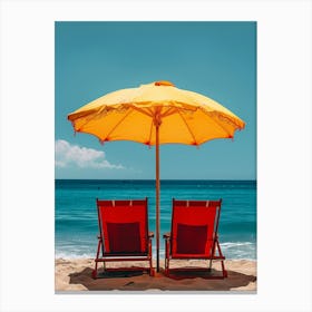 Two Chairs On The Beach With An Umbrella Canvas Print