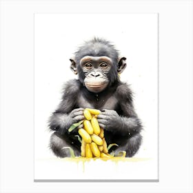 Baby Gorilla Art With Bananas Watercolour Nursery 1 Canvas Print