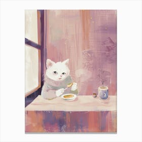 White Cat Having Breakfast Folk Illustration 4 Canvas Print
