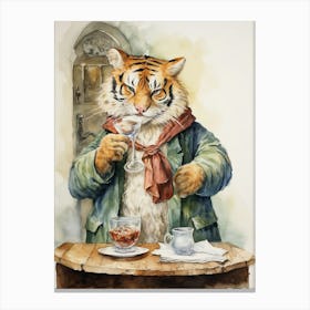 Tiger Illustration Tasting Wine Watercolour 4 Canvas Print